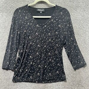 VTG 90's Briggs‎ New York Blouse Top Small Black Ditsy Floral V Neck Whimsigoth